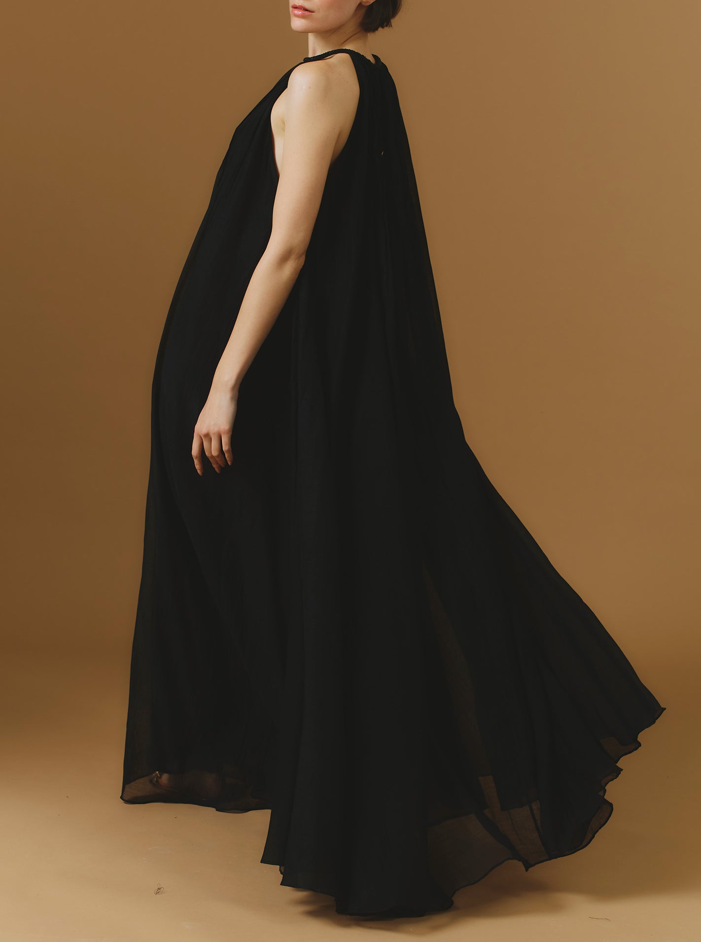 Side back view of Zenith Chanderi Appliqué Black Long Dress by Thierry Colson