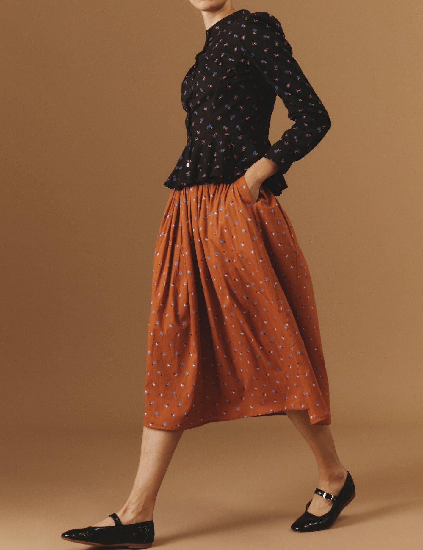 Alix Black Carnation Print Blouse with Verde Orange Skirt  by Thierry Colson - Pre Spring
