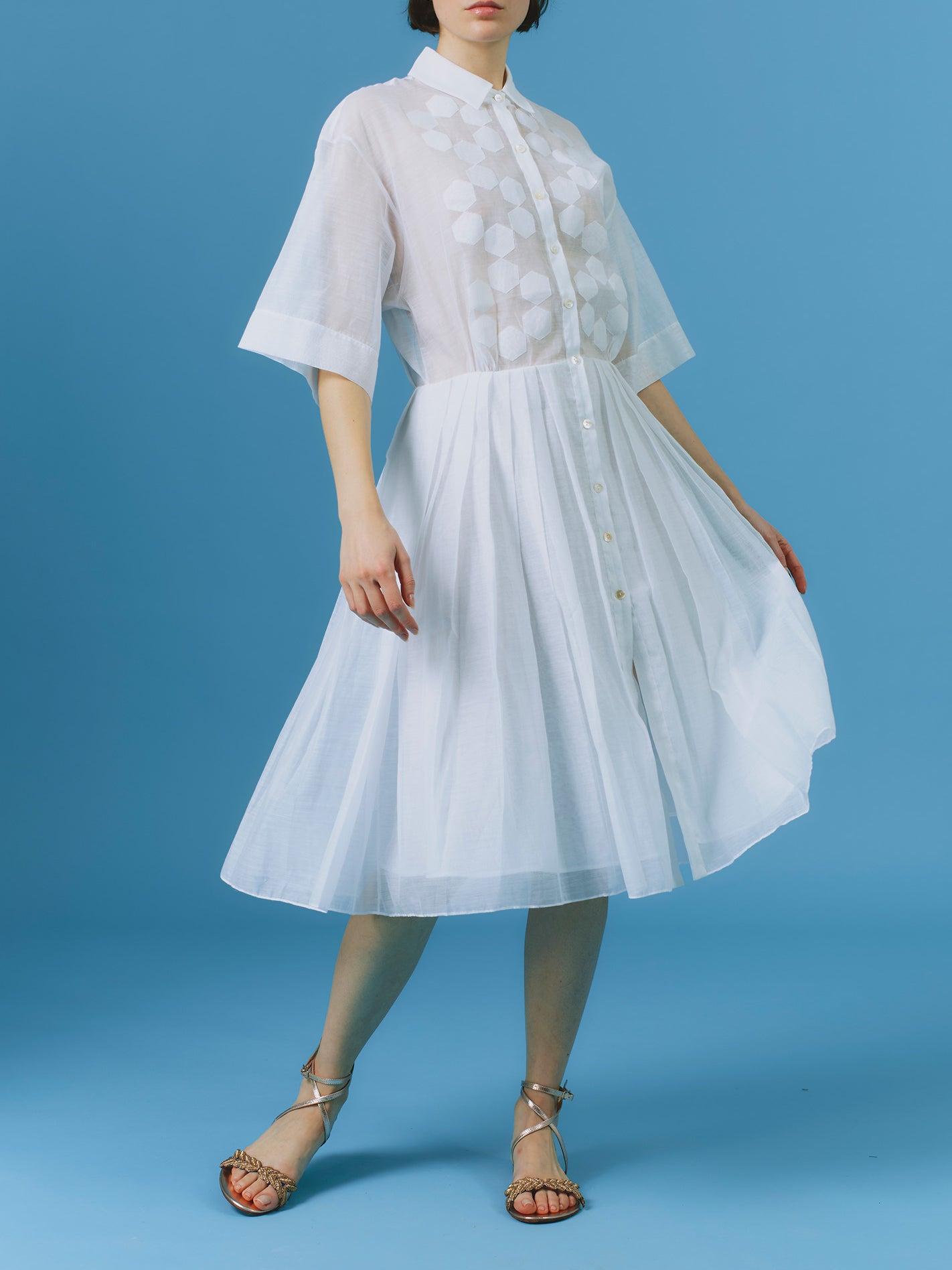 Front view of Oriane White knee dress by Thierry Colson 