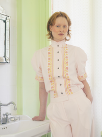 Vita Short Sleeves Shirt - Peony Pink - Embroidered Corduroy