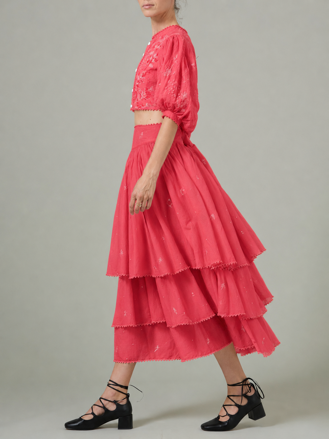 Constance Petticoat Skirt - Wild Flower Embroidery - Red
