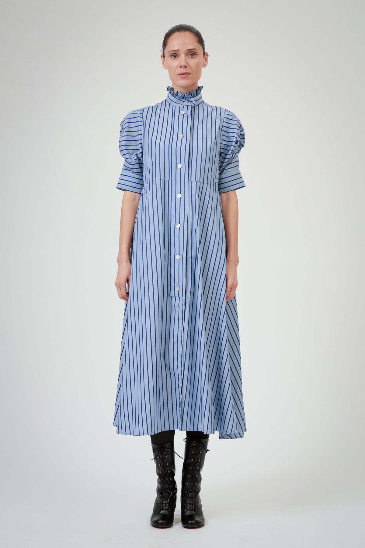 Venetia Dress - County - Grey Navy Stripes