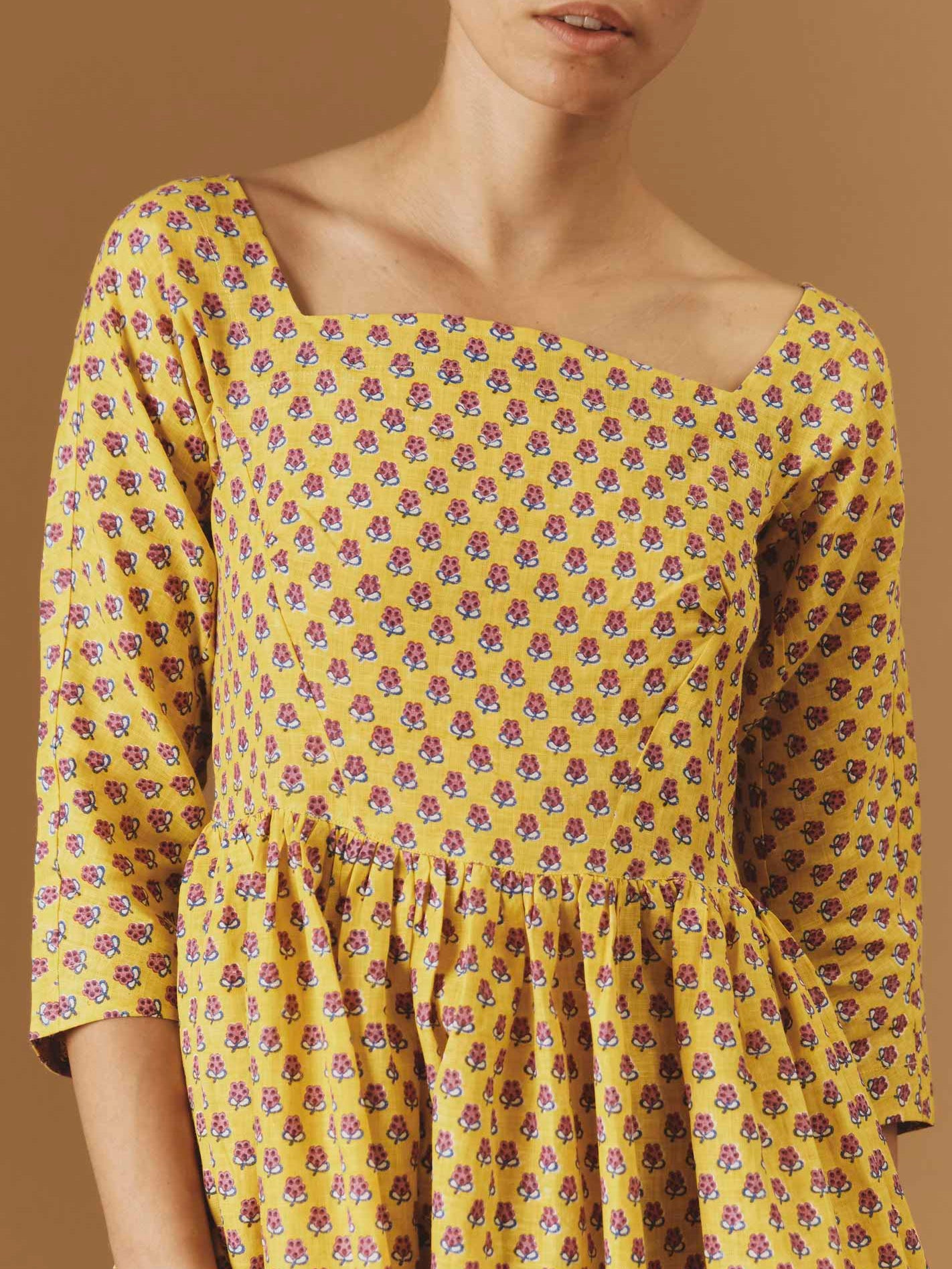  Yellow magenta dress Amalia - Thierry Colson - Pre Spring 2024 - Provencal Mignardise theme - square neckline