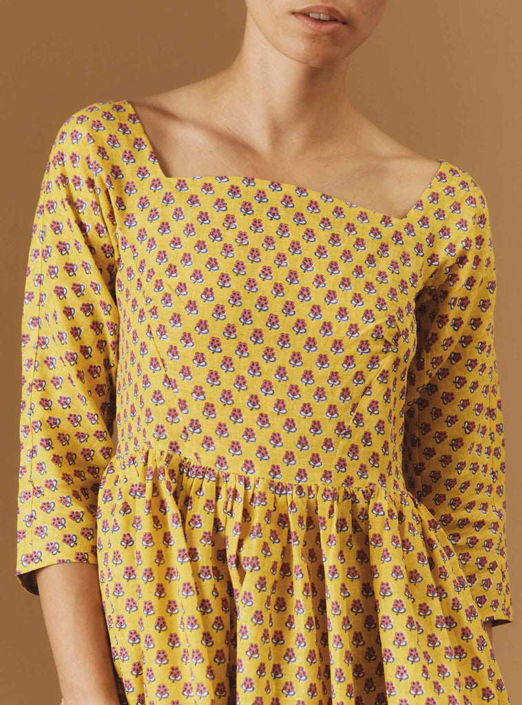   Yellow magenta dress Amalia - Thierry Colson - Pre Spring 2024 - Provencal Mignardise theme - square neckline