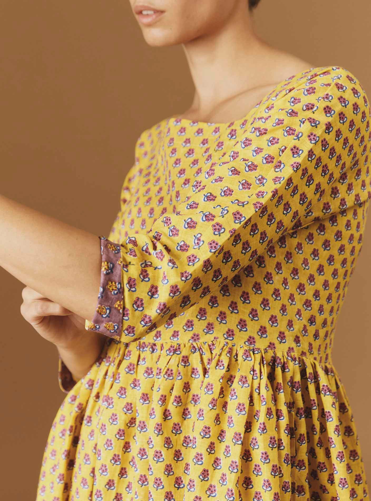  Yellow magenta dress Amalia - Thierry Colson - Pre Spring 2024 - Provencal Mignardise theme - three-quarters sleeves detail 