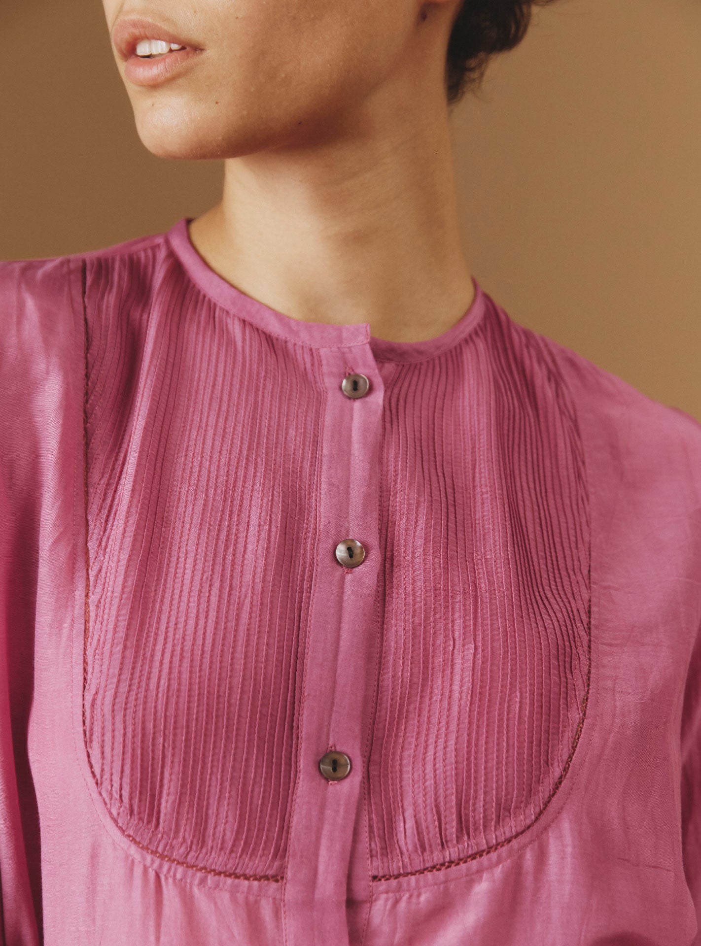 detailed view of neckline ANDREA Magenta Cotton/Silk Blouse by Thierry Colson