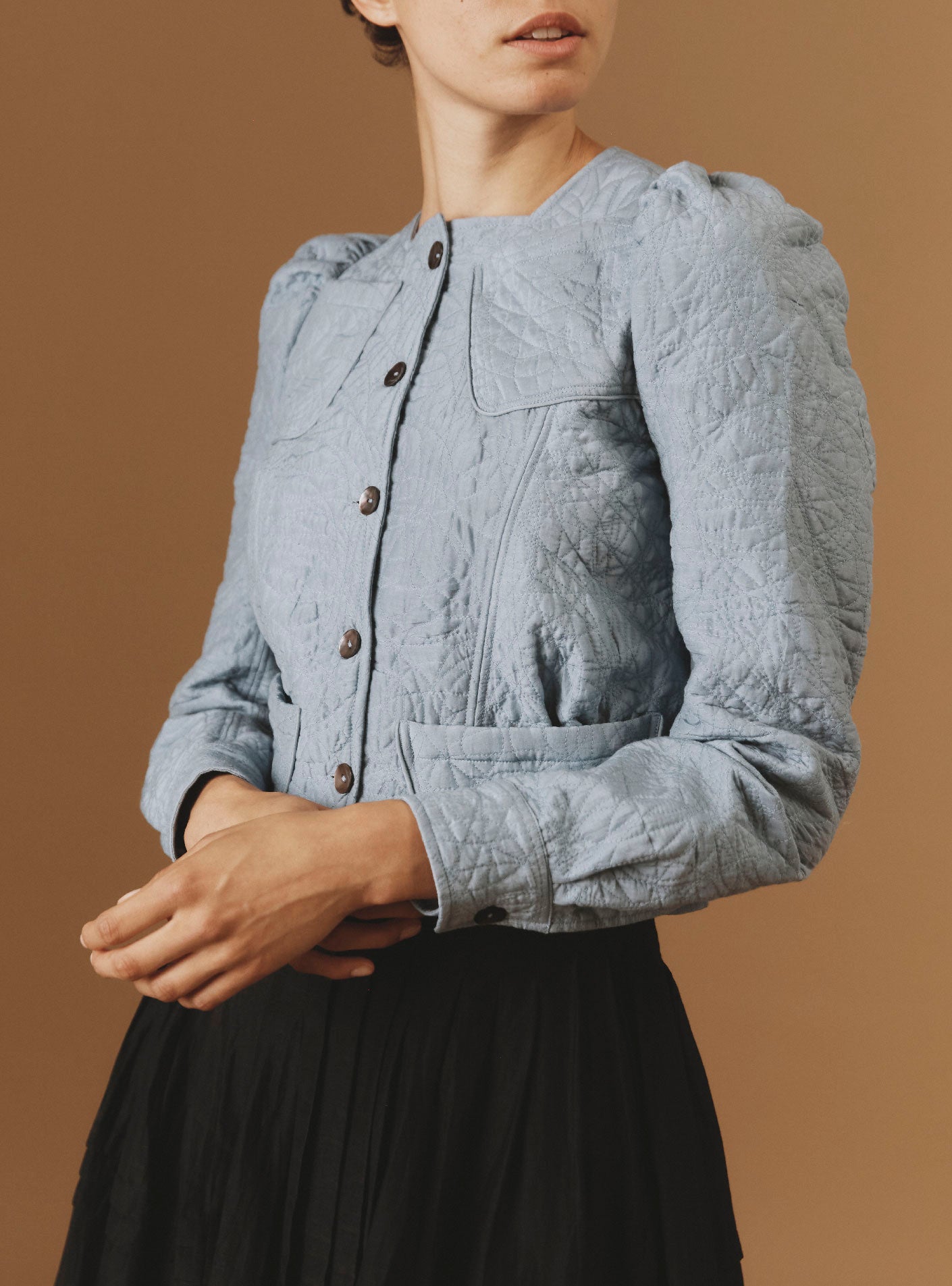detailed view of the sleeve of Arabella Blue Grey Jacket from Pre Spring 2024 by Thierry Colson