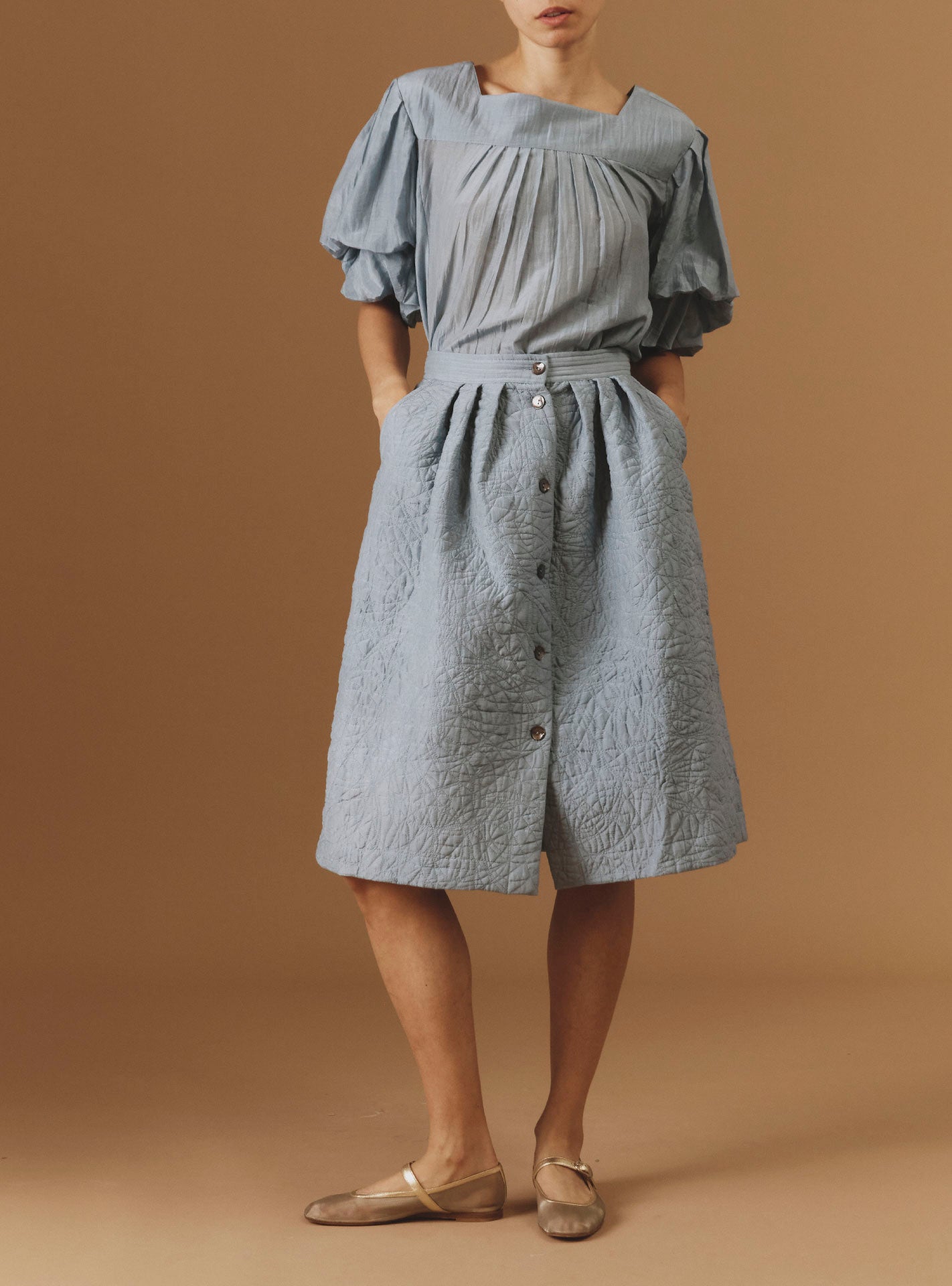 Front view of Riviera Blue/Grey Skirt by Thierry Colson - Boutis Theme