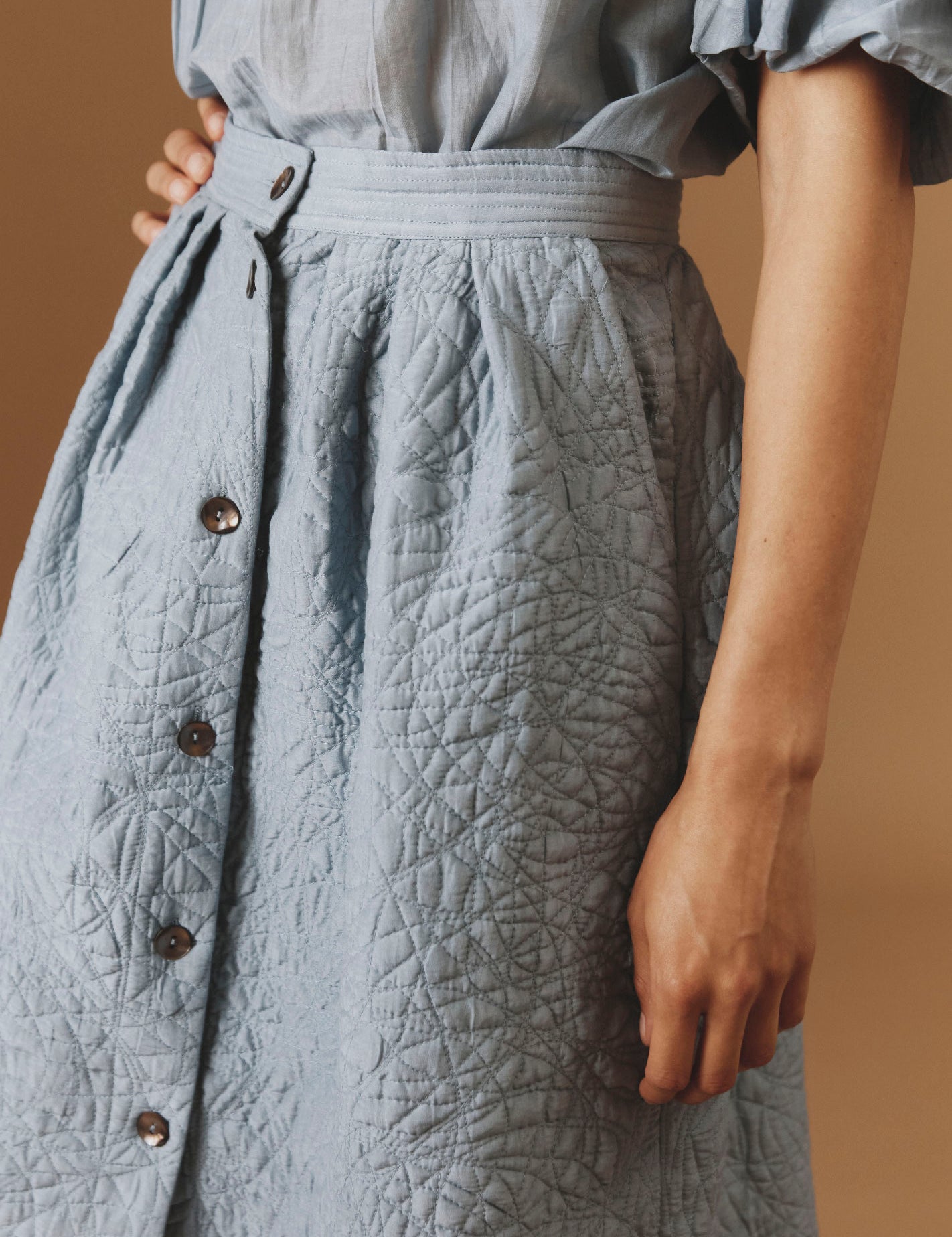 Close up belt view of Riviera Blue/Grey Skirt by Thierry Colson - Boutis Theme