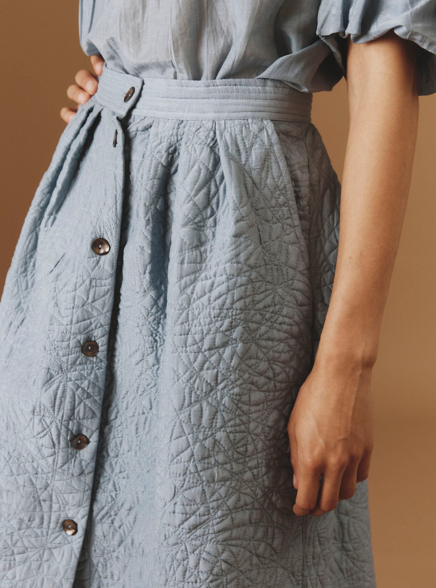 Close up belt view of Riviera Blue/Grey Skirt by Thierry Colson - Boutis Theme