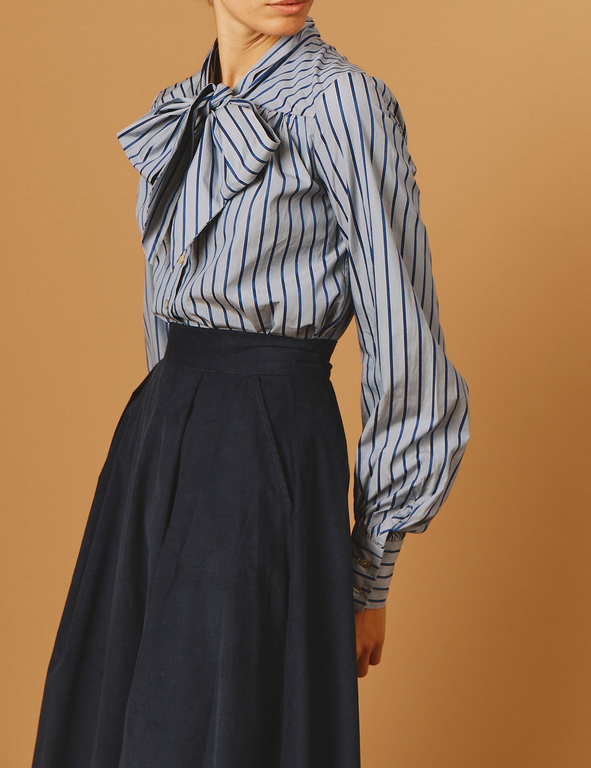 Side view of Alba Grey/Navy Poplin  Blouse - Thierry Colson
