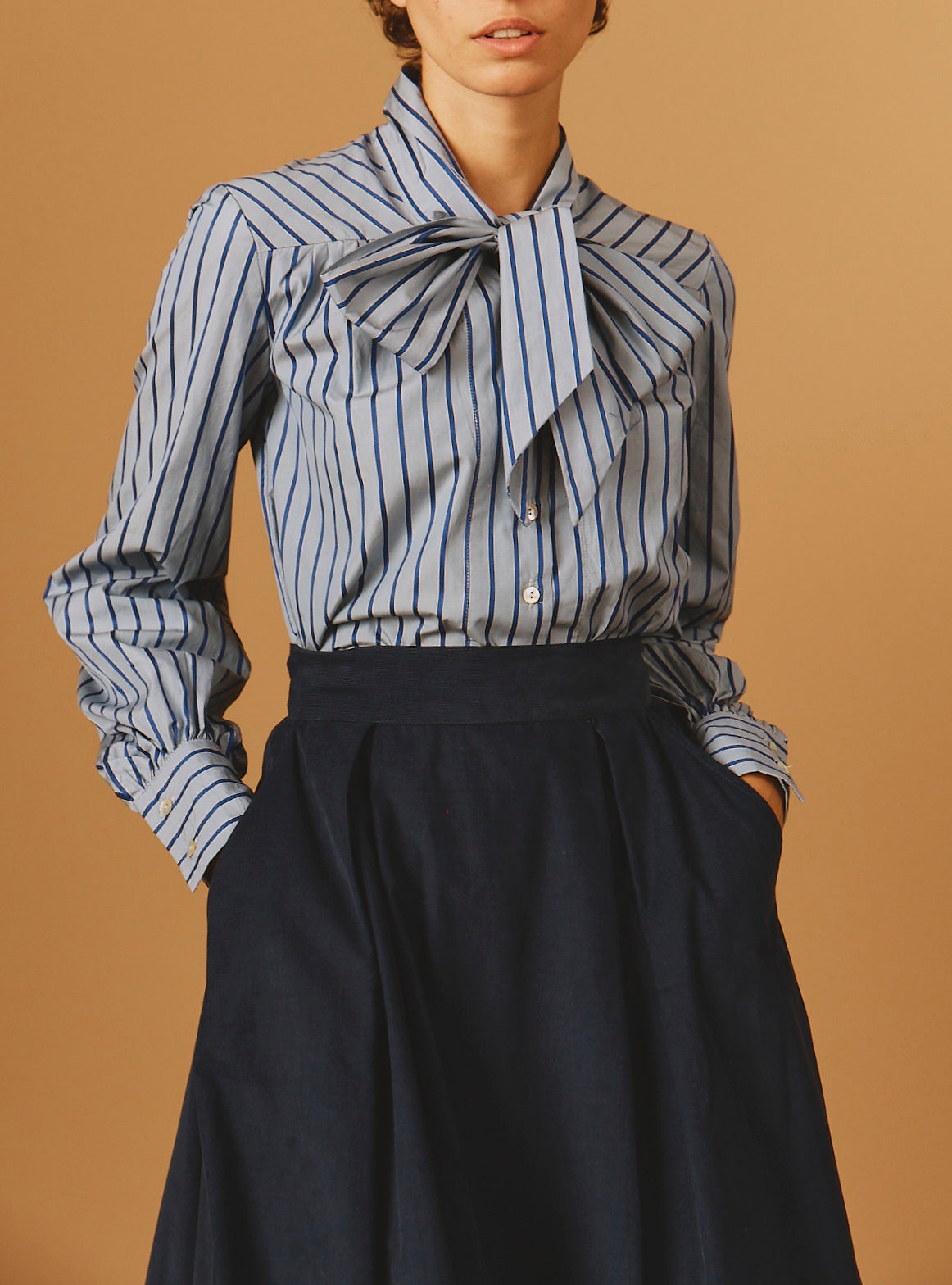 Front view of Alba Grey/Navy Poplin  Blouse - Thierry Colson