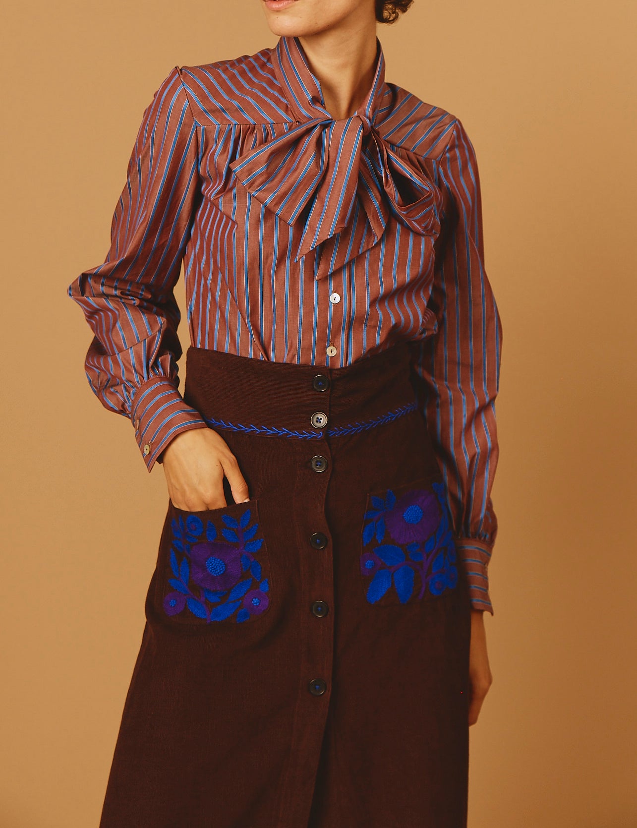 Front view of Alba Brown/Blue Stripes Blouse - Thierry Colson