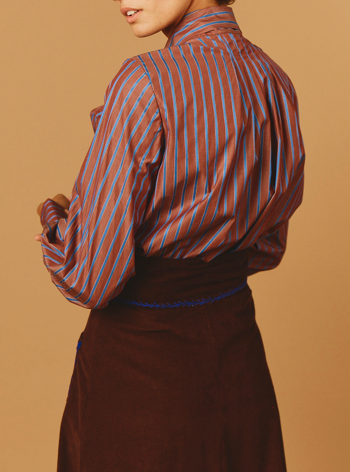 Back view of Alba Brown/Blue Stripes Blouse - Thierry Colson