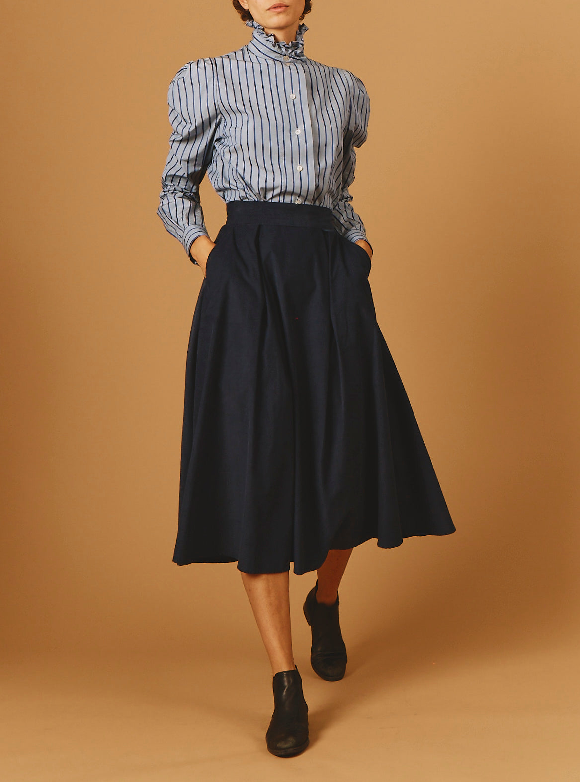 Large view of Wind Grey Navy Stripes Blouse with Wynona corduroy Skirt by Thierry Colson 