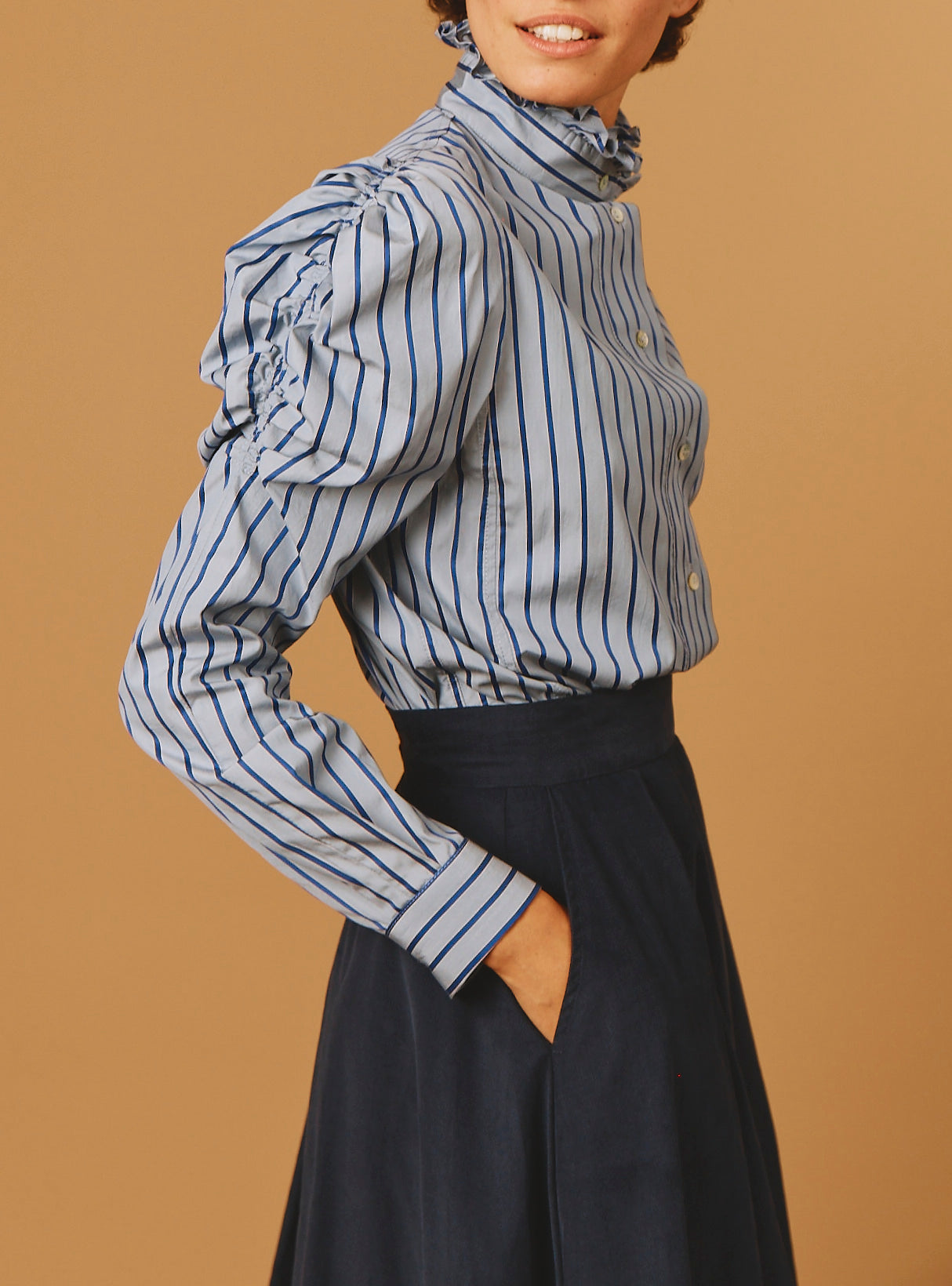 Side view of Wind Grey Navy Stripes Blouse - County by Thierry Colson 