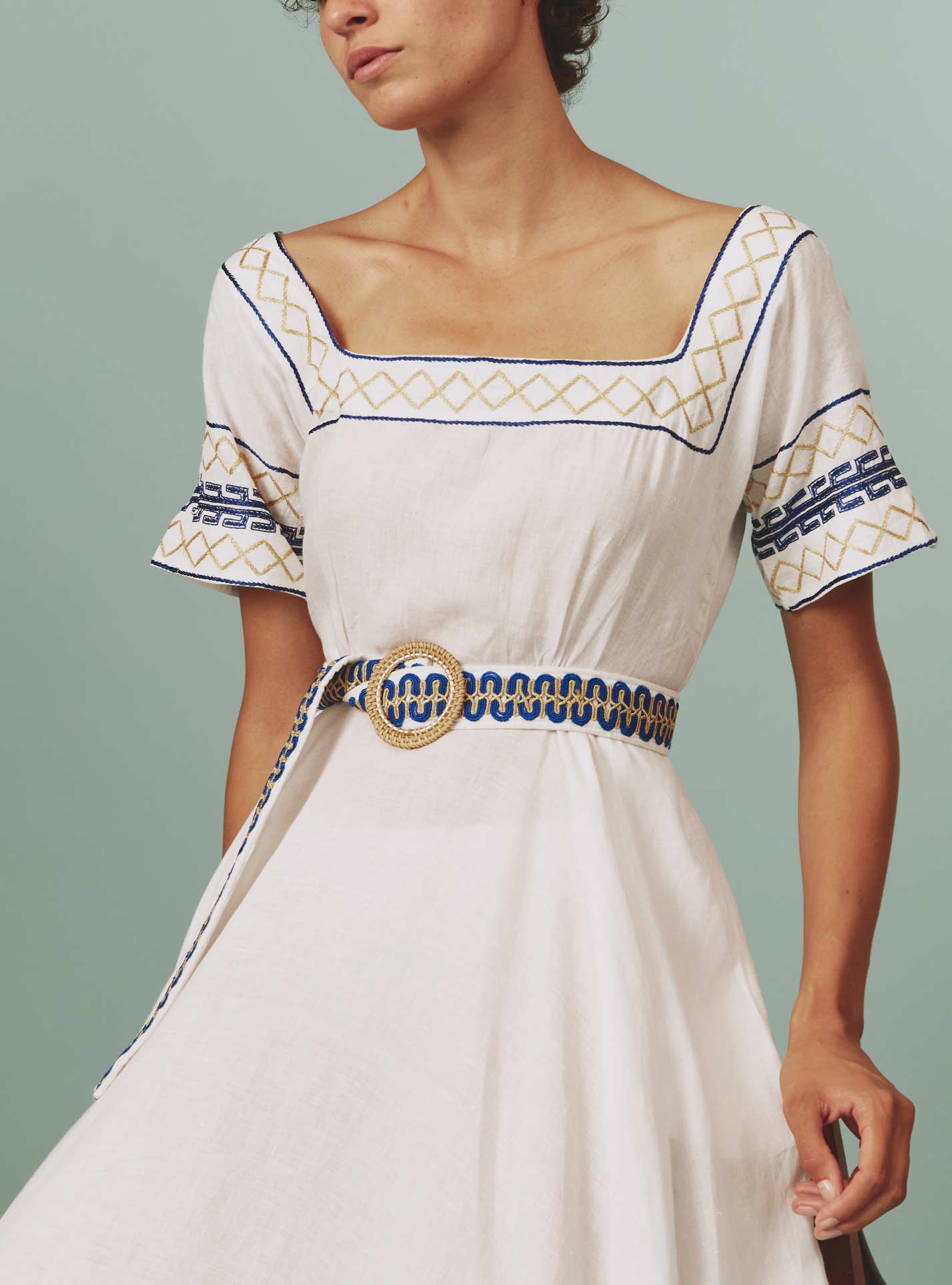 Close-up view of Allegria Dress: Archaic Embroidery in White by Thierry Colson