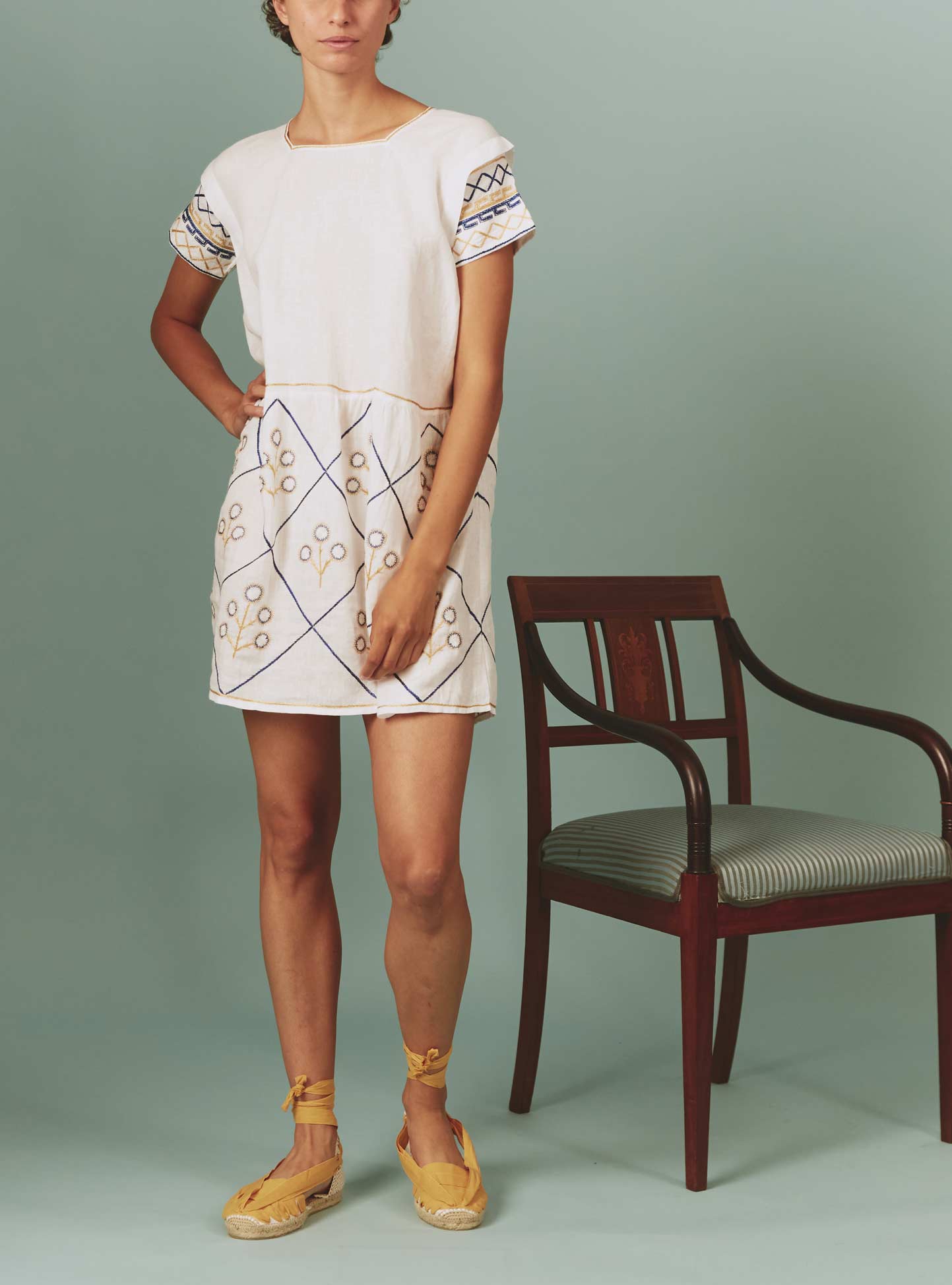 Allison Mini Dress: Archaic Embroidery in White by Thierry Colson