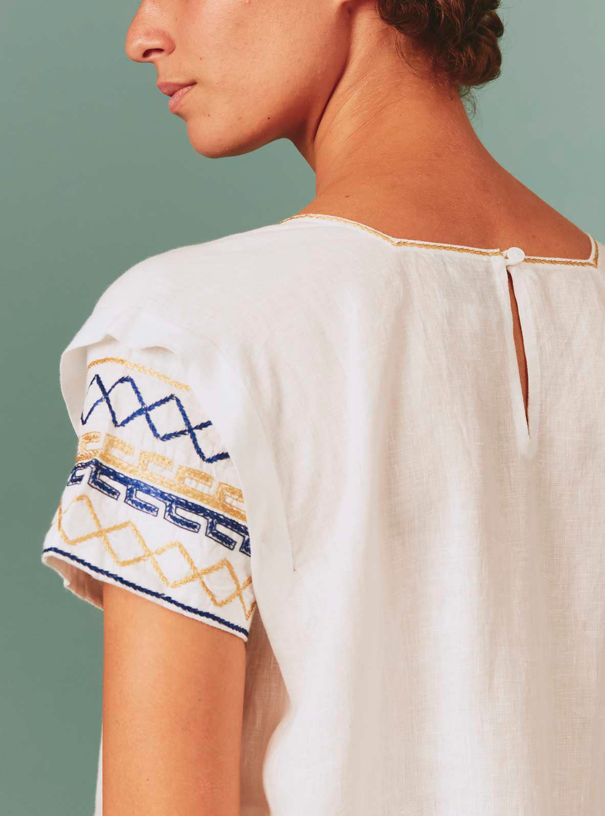 Back detail view of Allison Mini Dress: Archaic Embroidery in White by Thierry Colson