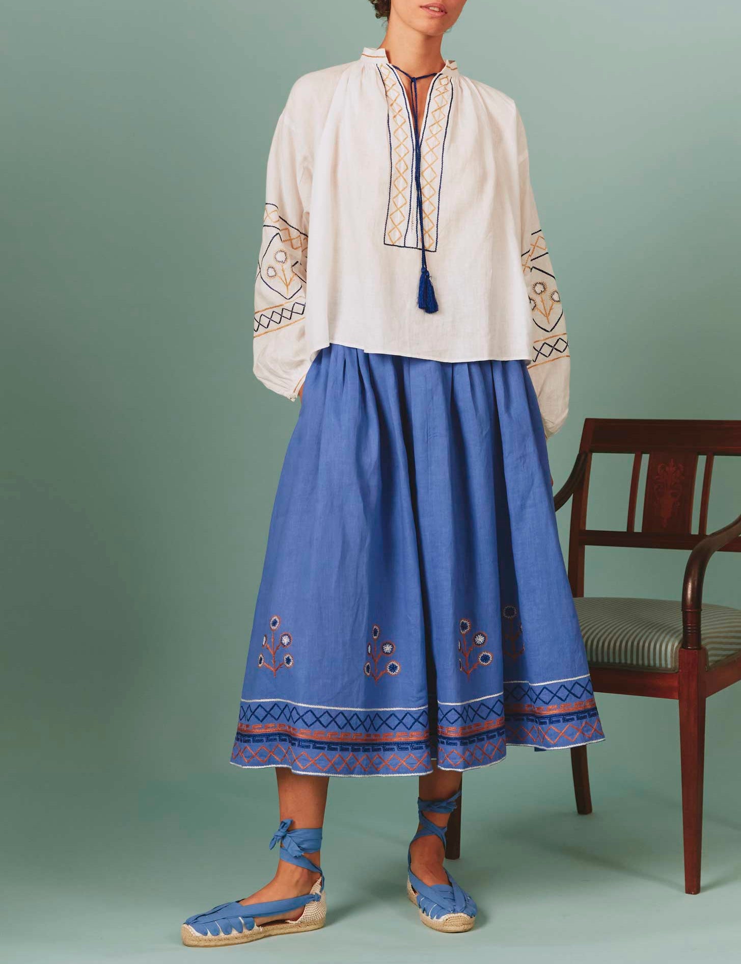 Large front view of Lavender Zazou Skirt with White Guise Blouse: Archaic Embroidery by Thierry Colson