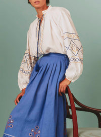 Side view of Lavender Zazou Skirt with White Guise Blouse: Archaic Embroidery by Thierry Colson