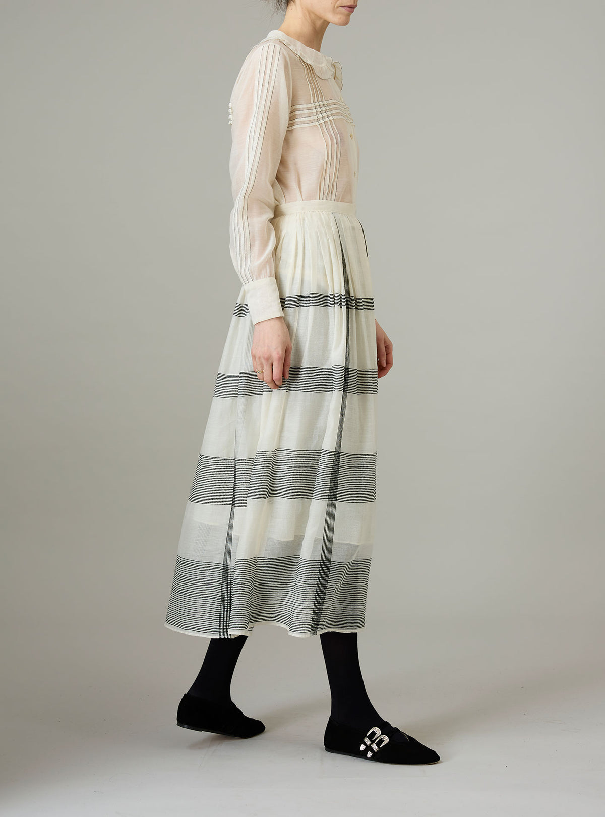 Zazou Skirt - Chanderi Checks & Dots Embroidery - Ivory