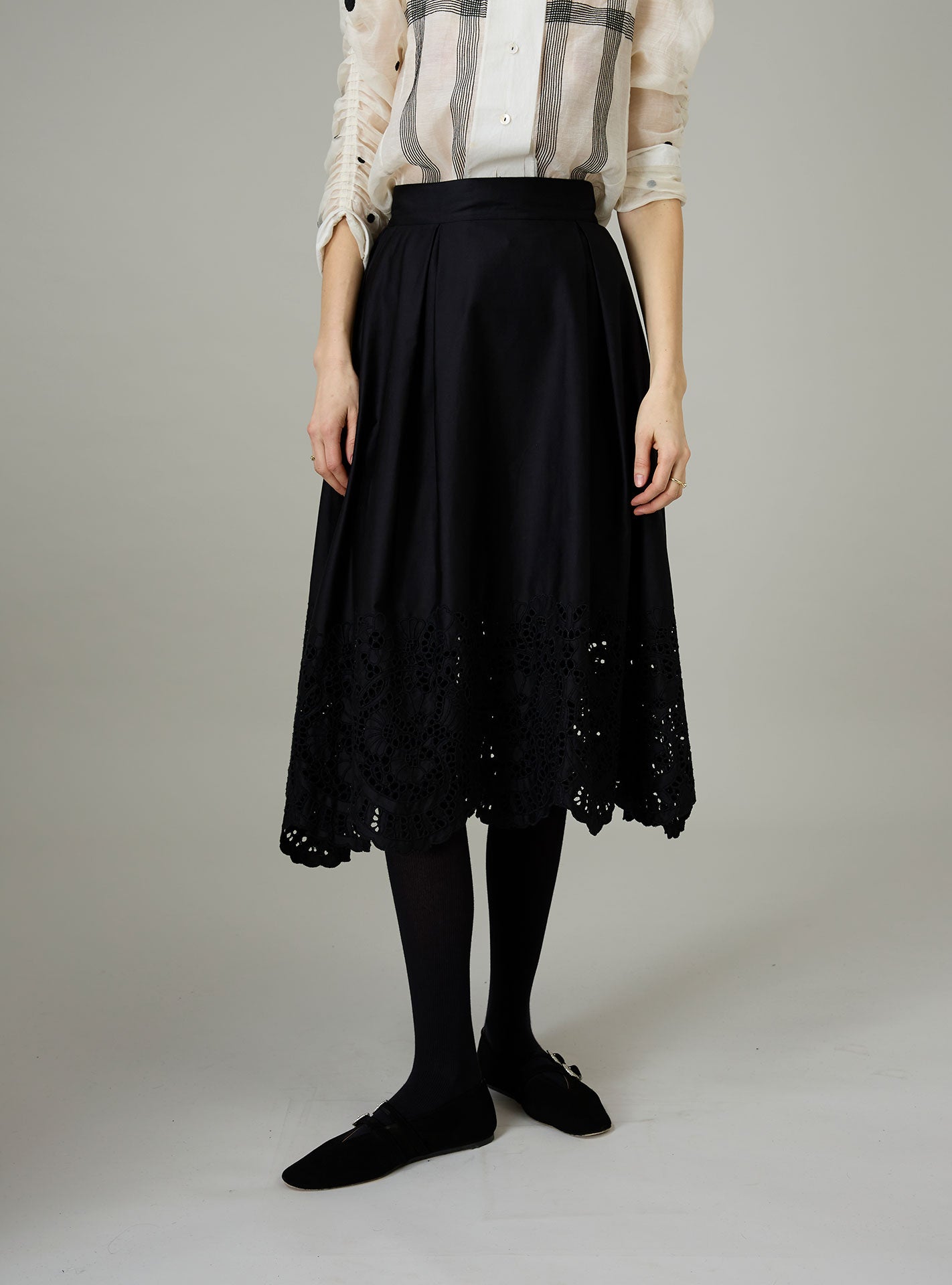 Wynona Skirt – Black Cotton Satin & Guipure Hem – Thierry Colson