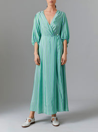 Front view of Phoebe Long Dress - Silk Road Stripes in Green/Blue | Thierry Colson Fall 2024 Collection