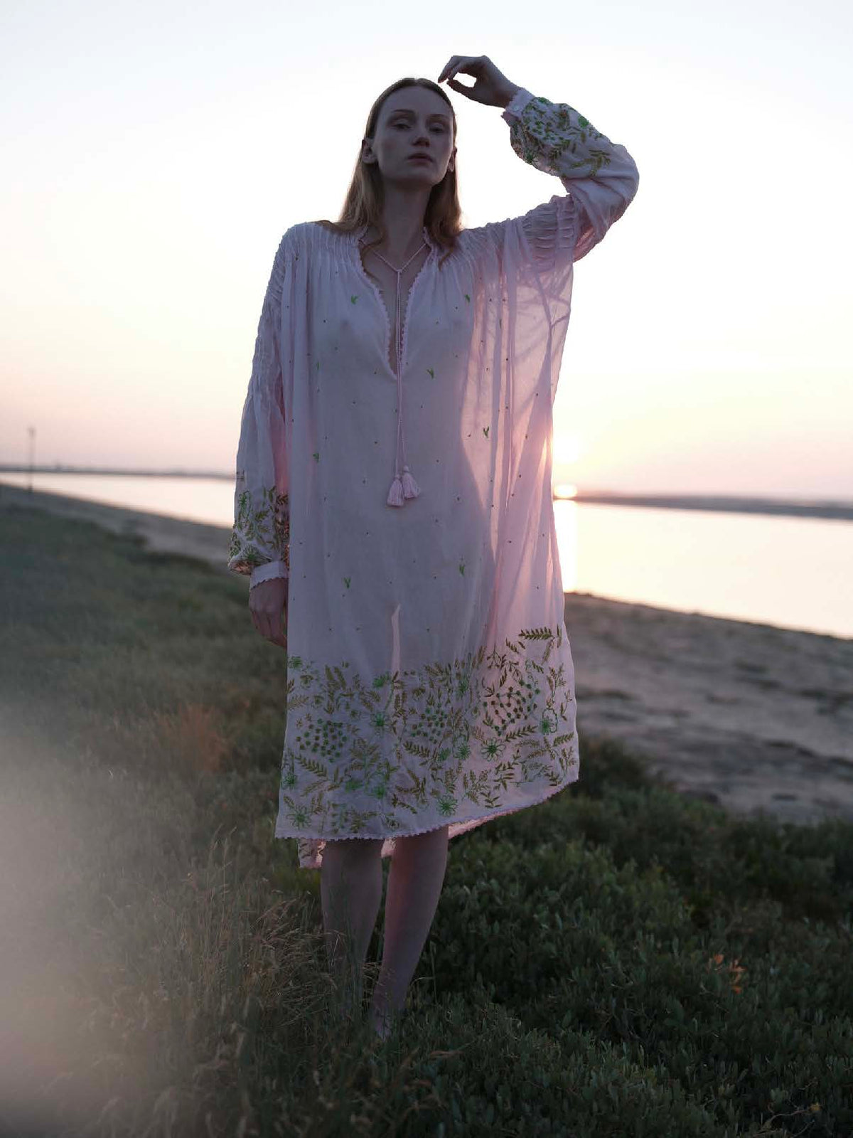 Guise Midi Calf Dress - Wild Flower Embroidery - Pink
