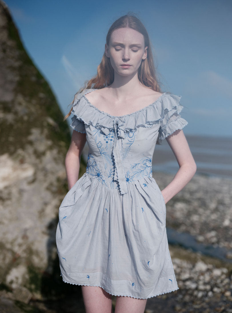 Falbala Mini Dress - Wild Flower Embroidery - Blue – Thierry Colson