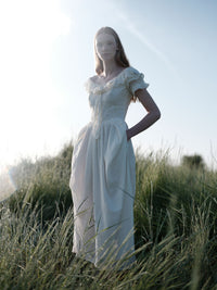 Falbala Long Dress - Wild Flower Embroidery - White