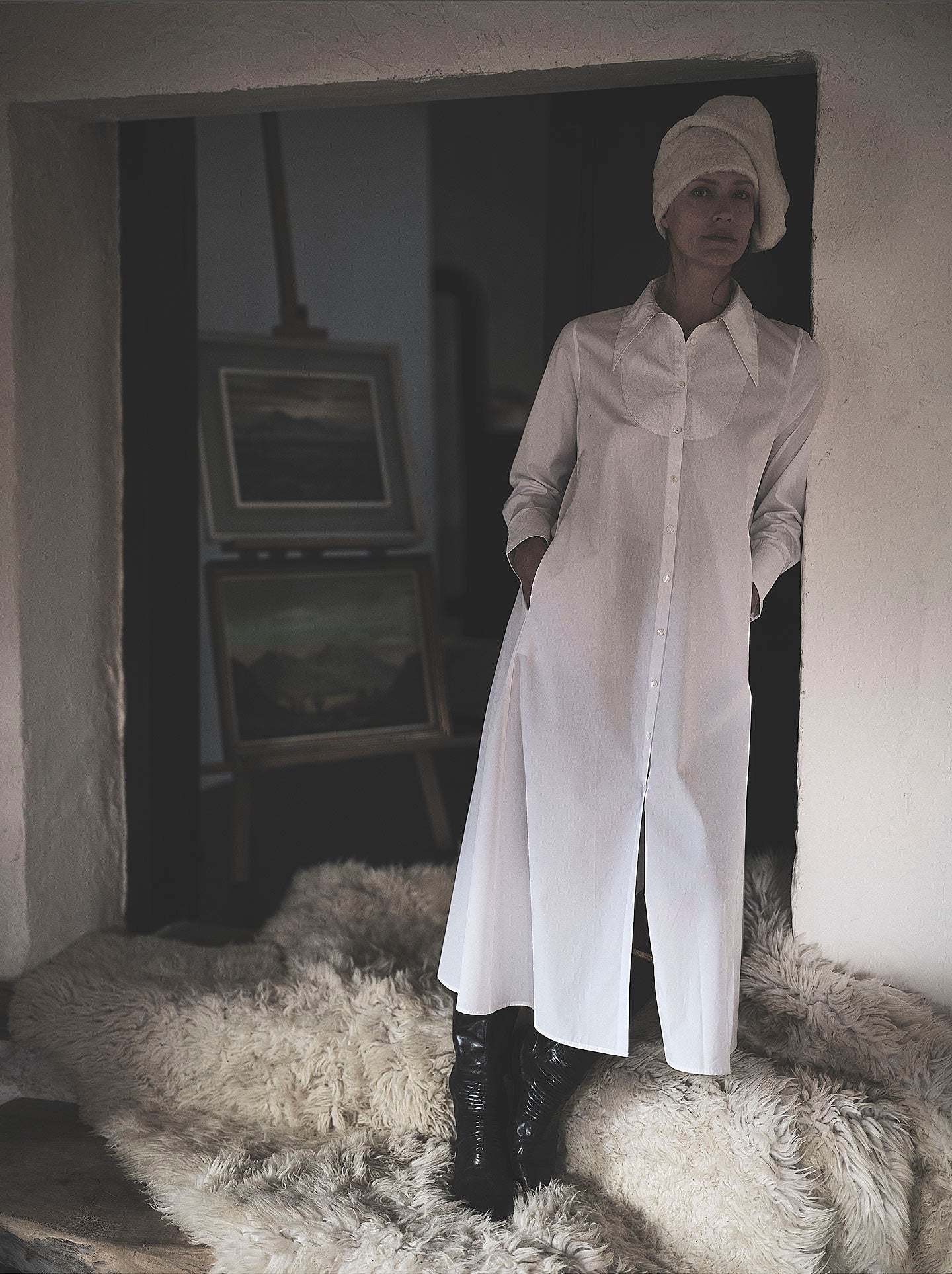 Denni is wearing Alceste off White Dress - Topstitching Poplin by Thierry Colson photographed by Stéphane Gautronneau