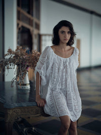 Athenaïs Smocked Mini Dress - Gilded Age Ruffles - Off-white