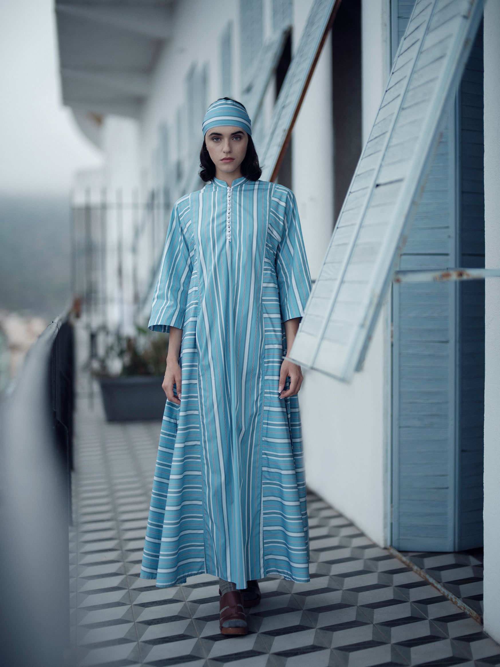 Rachel Long dress - Lagoon & White - Capri Stripes M Rachel Long dress - Lagoon & White - Capri Stripes M