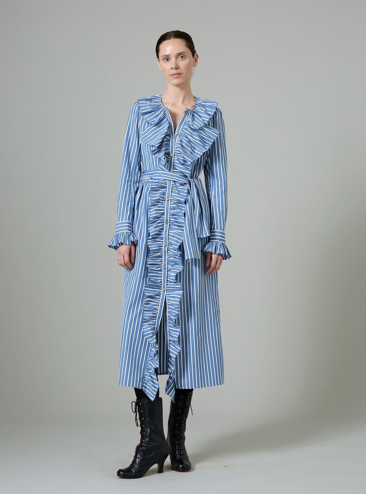 Louise Long Sleeves Dress - Grey & White - Ascott Stripes