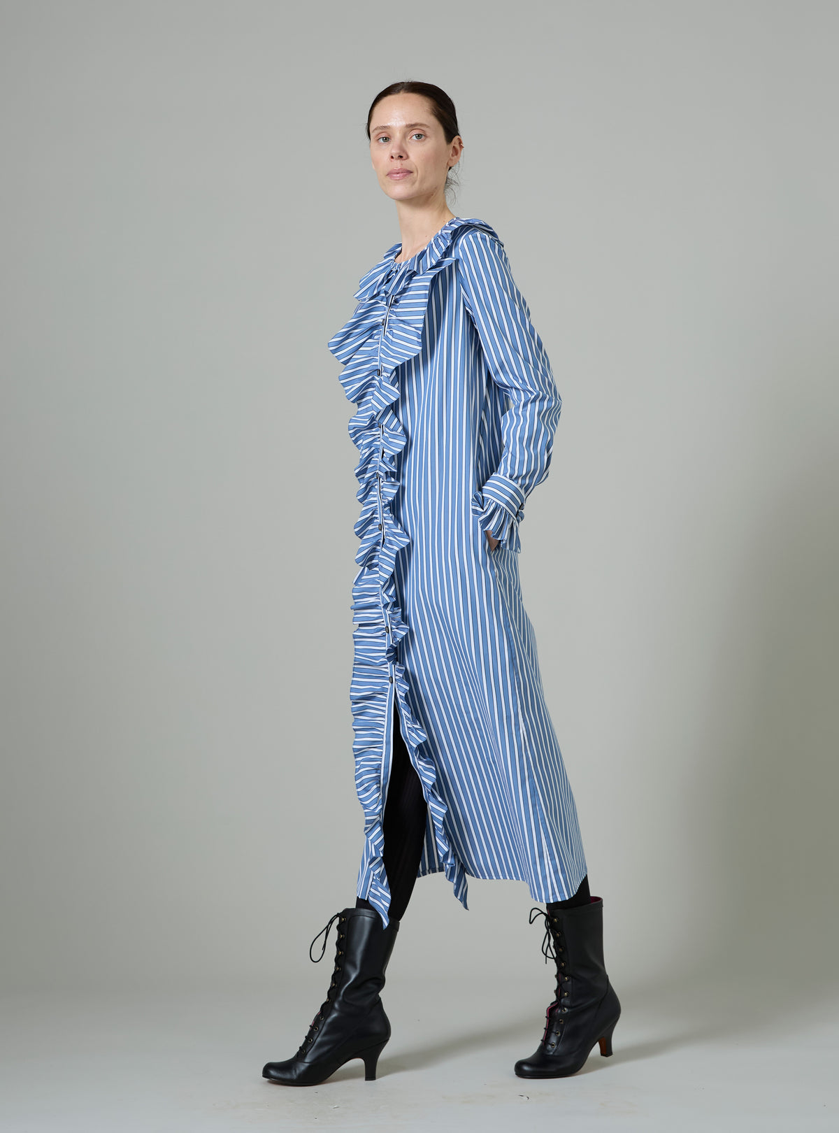 Louise Long Sleeves Dress - Grey & White - Ascott Stripes