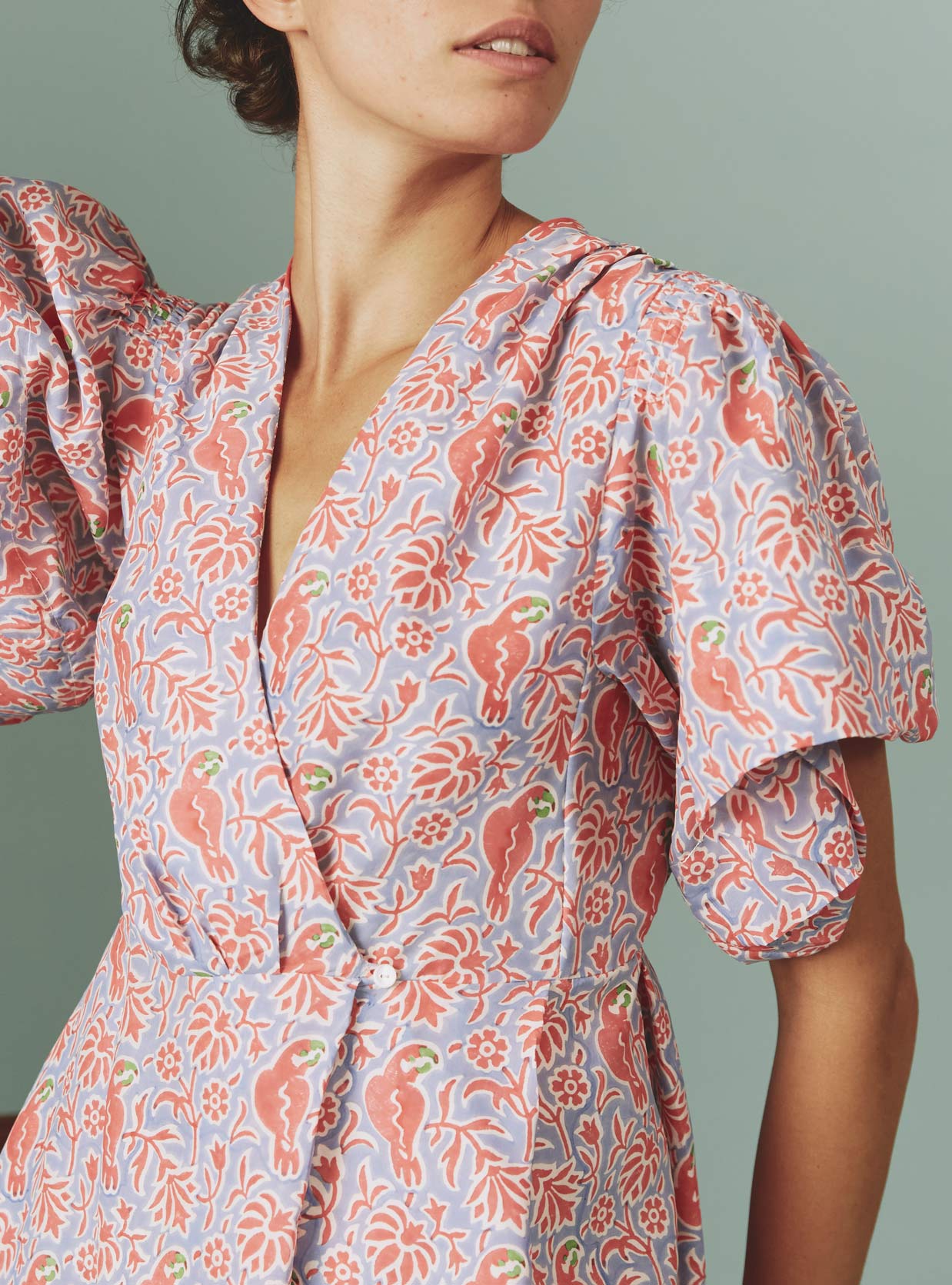 Marieke Blue Grey / Watermelon Parrot Print Midi Dress by Thierry