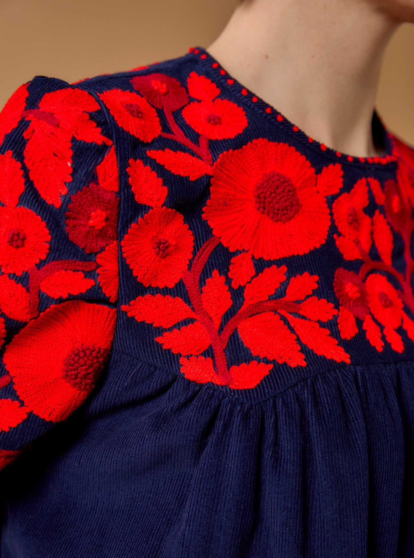 Detail Front View - Olympia Navy/Red Top - Embroidered Corduroy - Thierry Colson