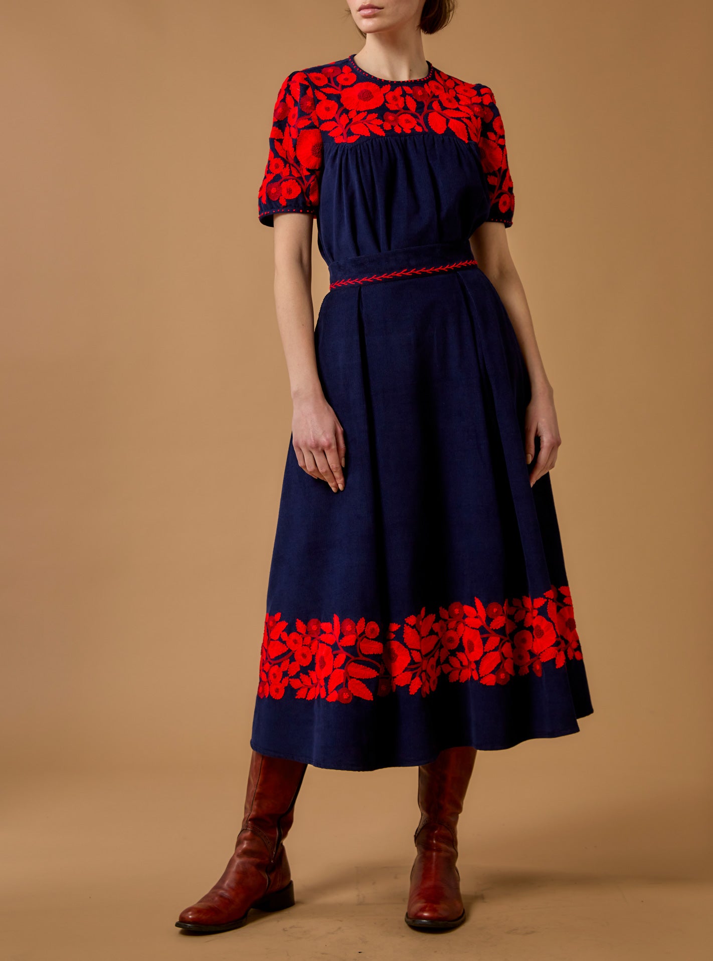 Large View - Olympia Navy/Red Top with Wynona Skirt - Embroidered Corduroy - Thierry Colson