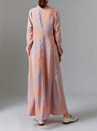 Back view of Parvati Long Kaftan - Silk Road Stripes - Orange/Blue by Thierry Colson