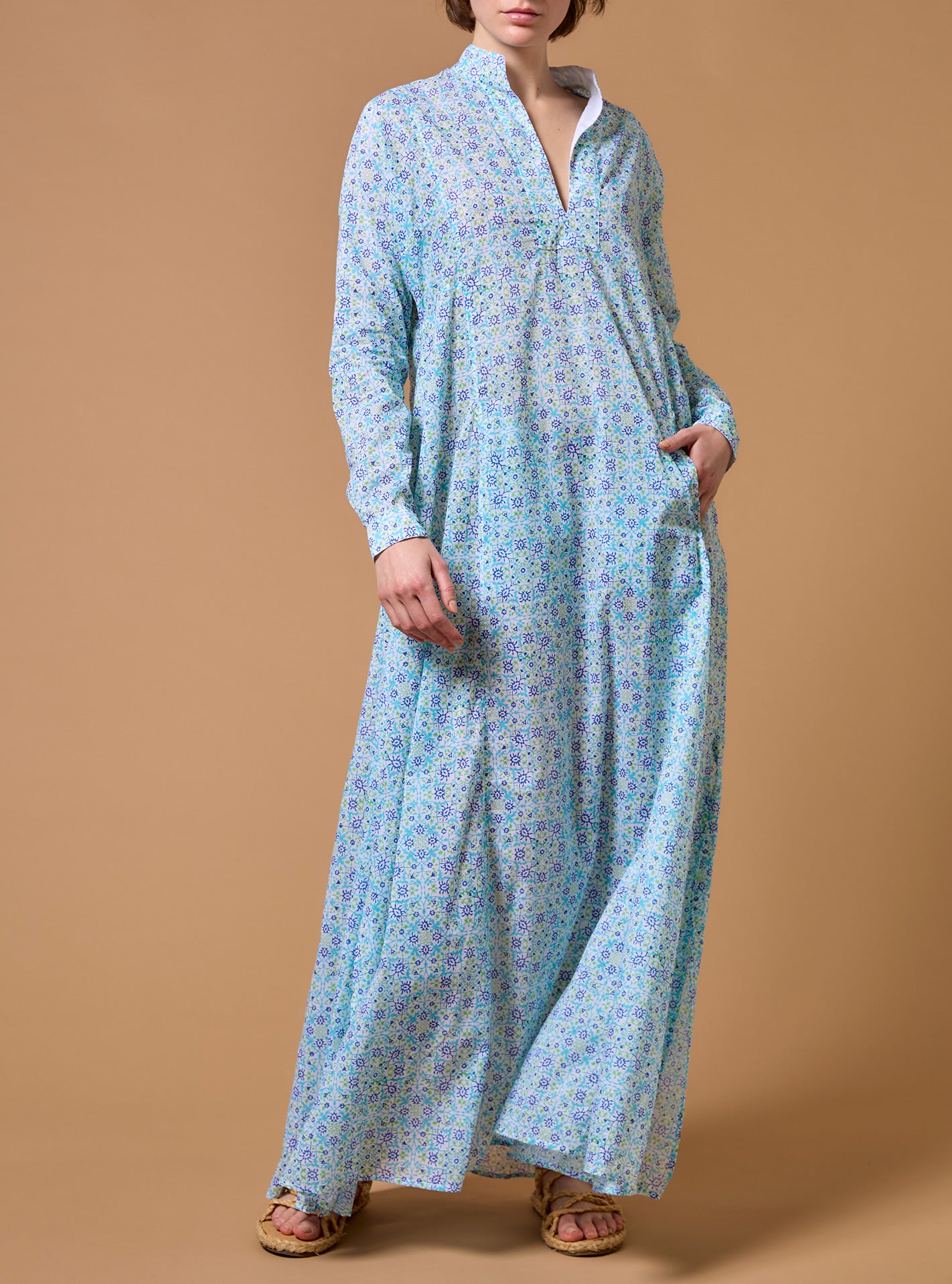 Other front view of Parvati Multico blue long Kaftan by Thierry Colson