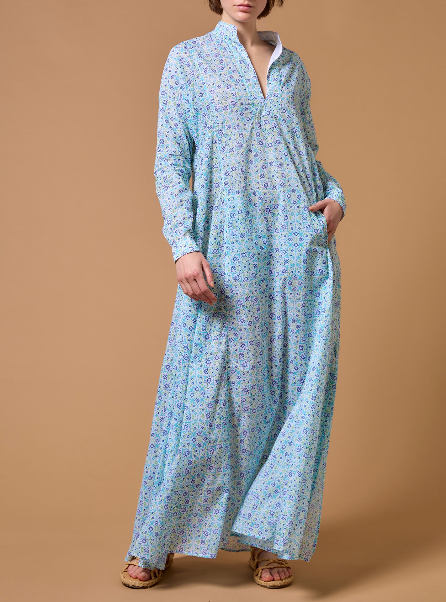 Other front view of Parvati Multico blue long Kaftan by Thierry Colson