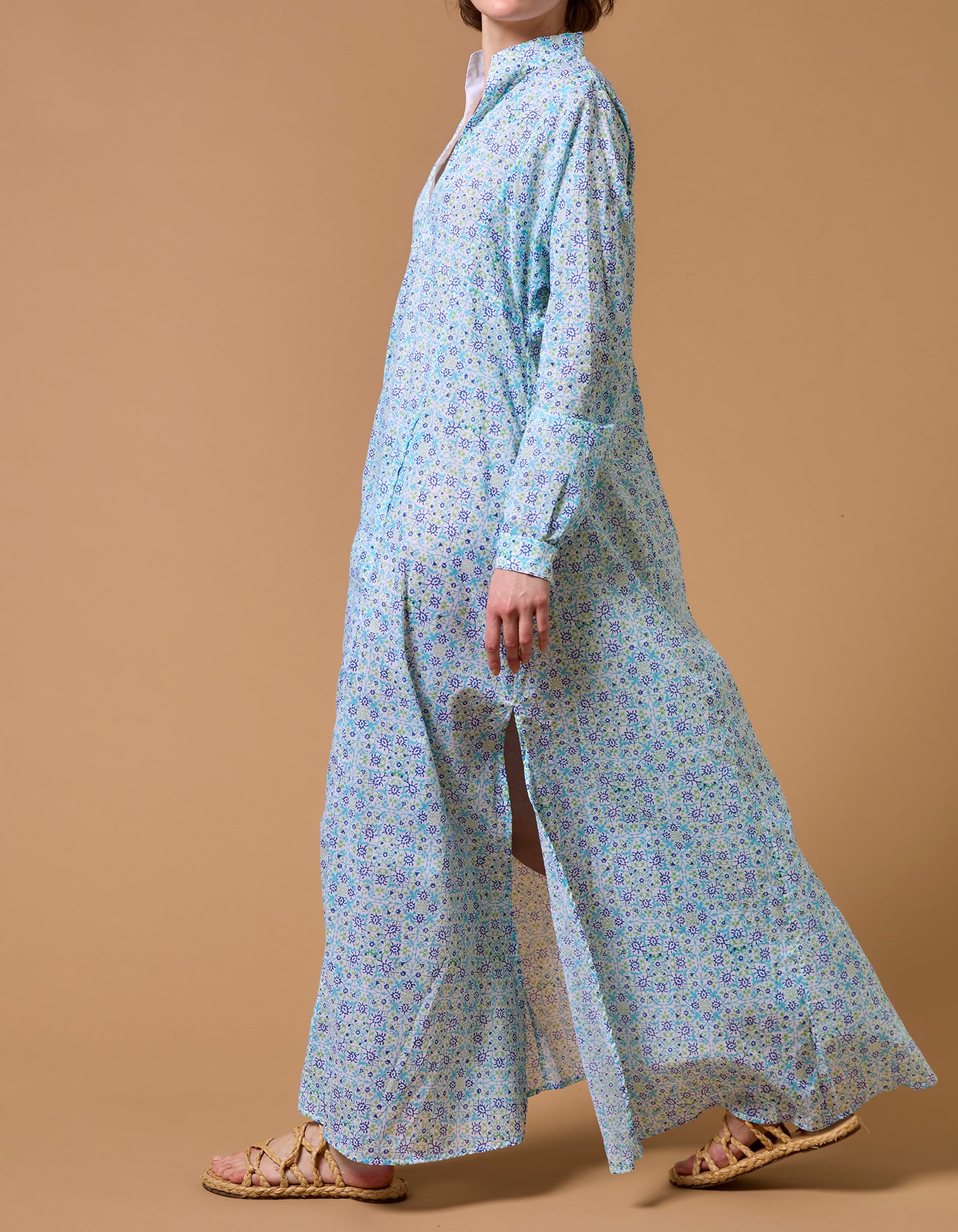 Side view of Parvati Multico blue long Kaftan by Thierry Colson