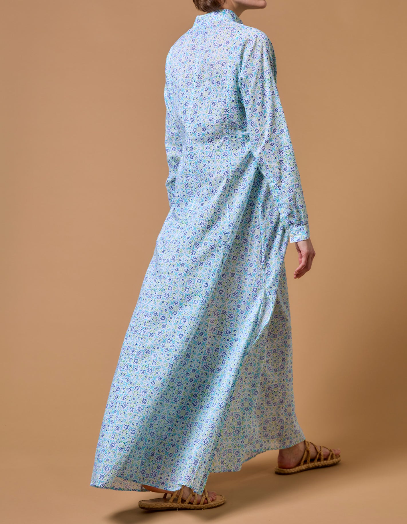 Back view of Parvati Multico blue long Kaftan by Thierry Colson