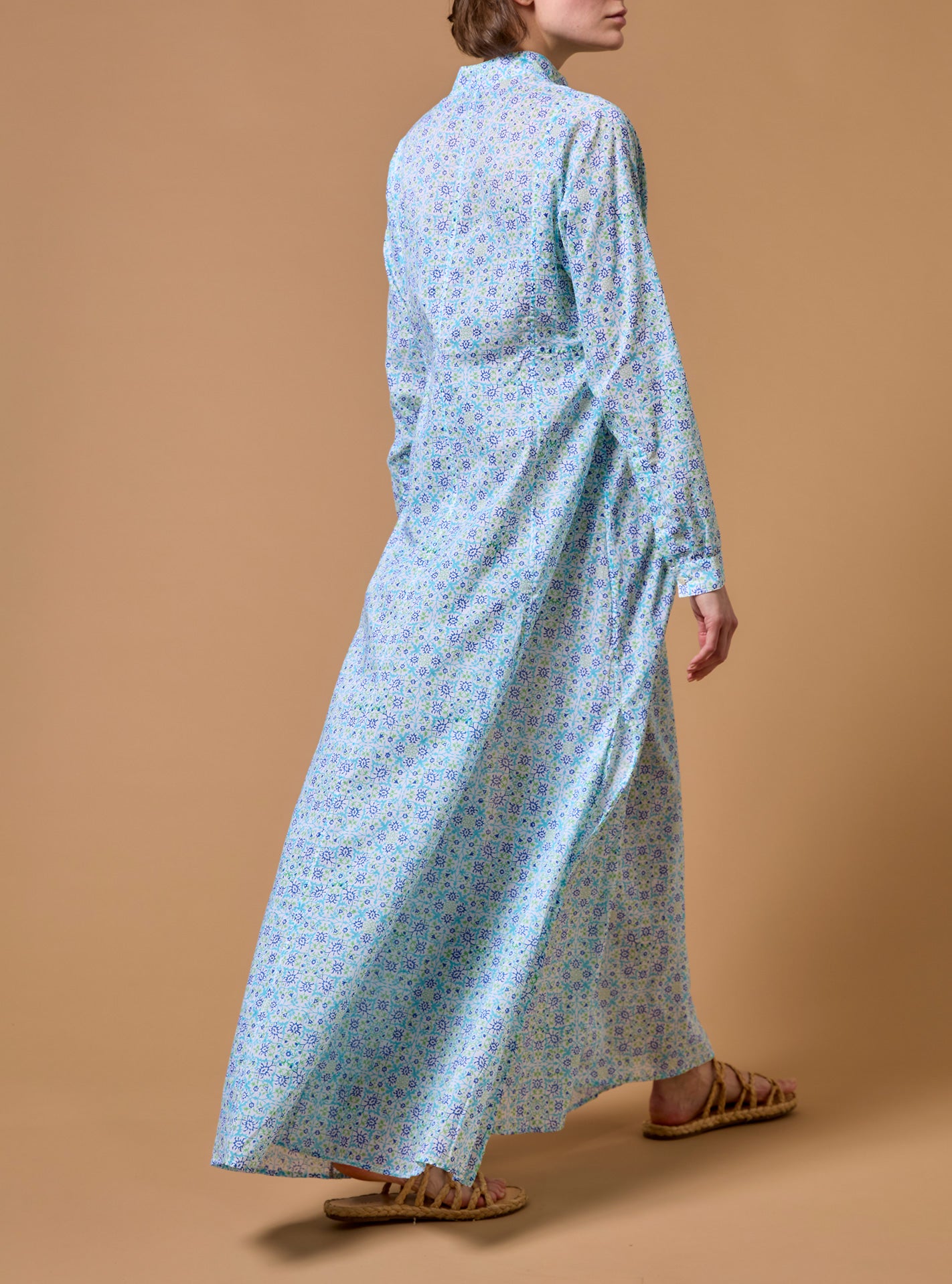 Back view of Parvati Multico blue long Kaftan by Thierry Colson