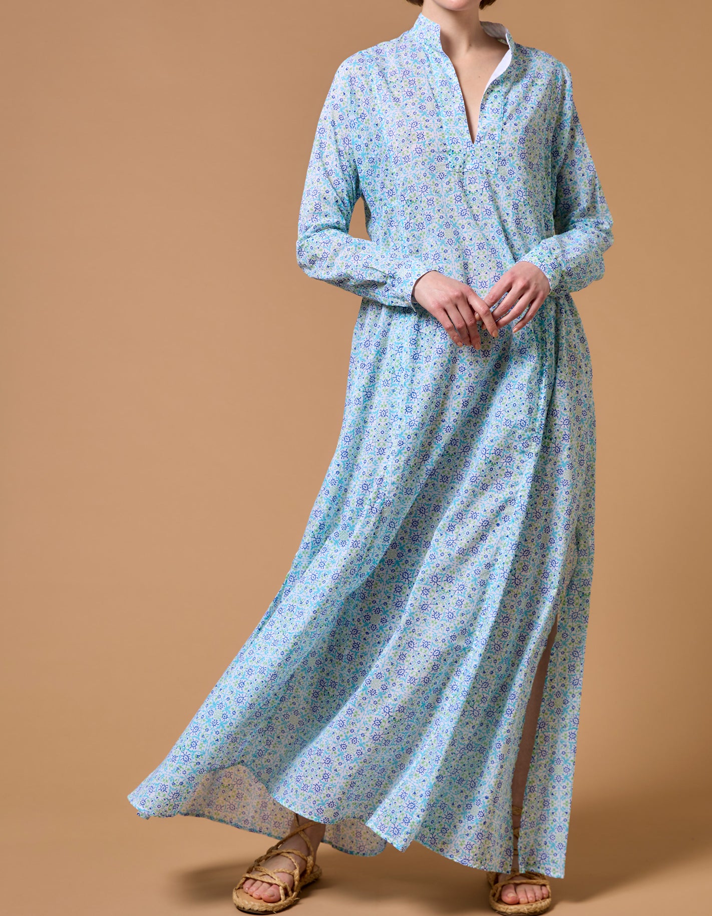 Front view of Parvati Multico blue long Kaftan by Thierry Colson