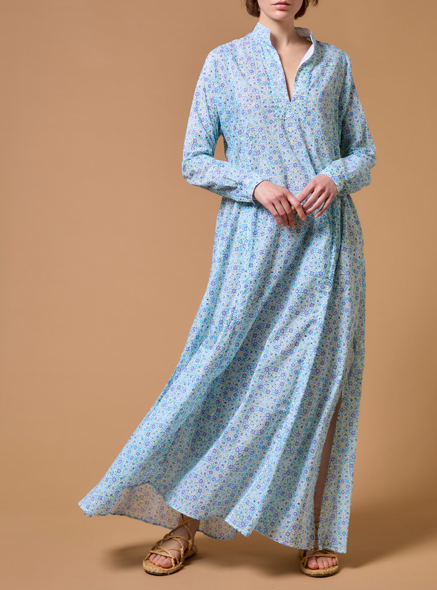 Front view of Parvati Multico blue long Kaftan by Thierry Colson