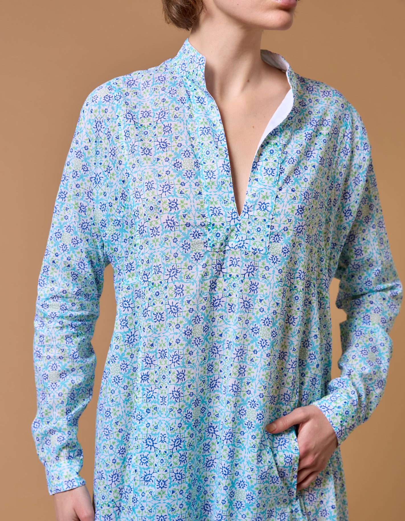 Close up view of Parvati Multico blue long Kaftan by Thierry Colson