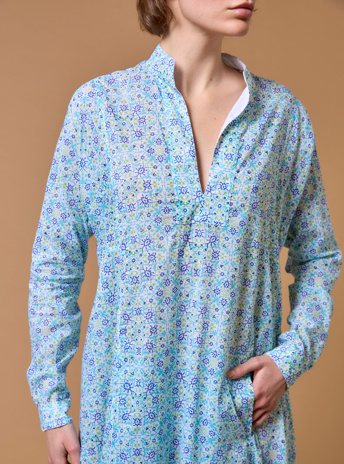 Close up view of Parvati Multico blue long Kaftan by Thierry Colson
