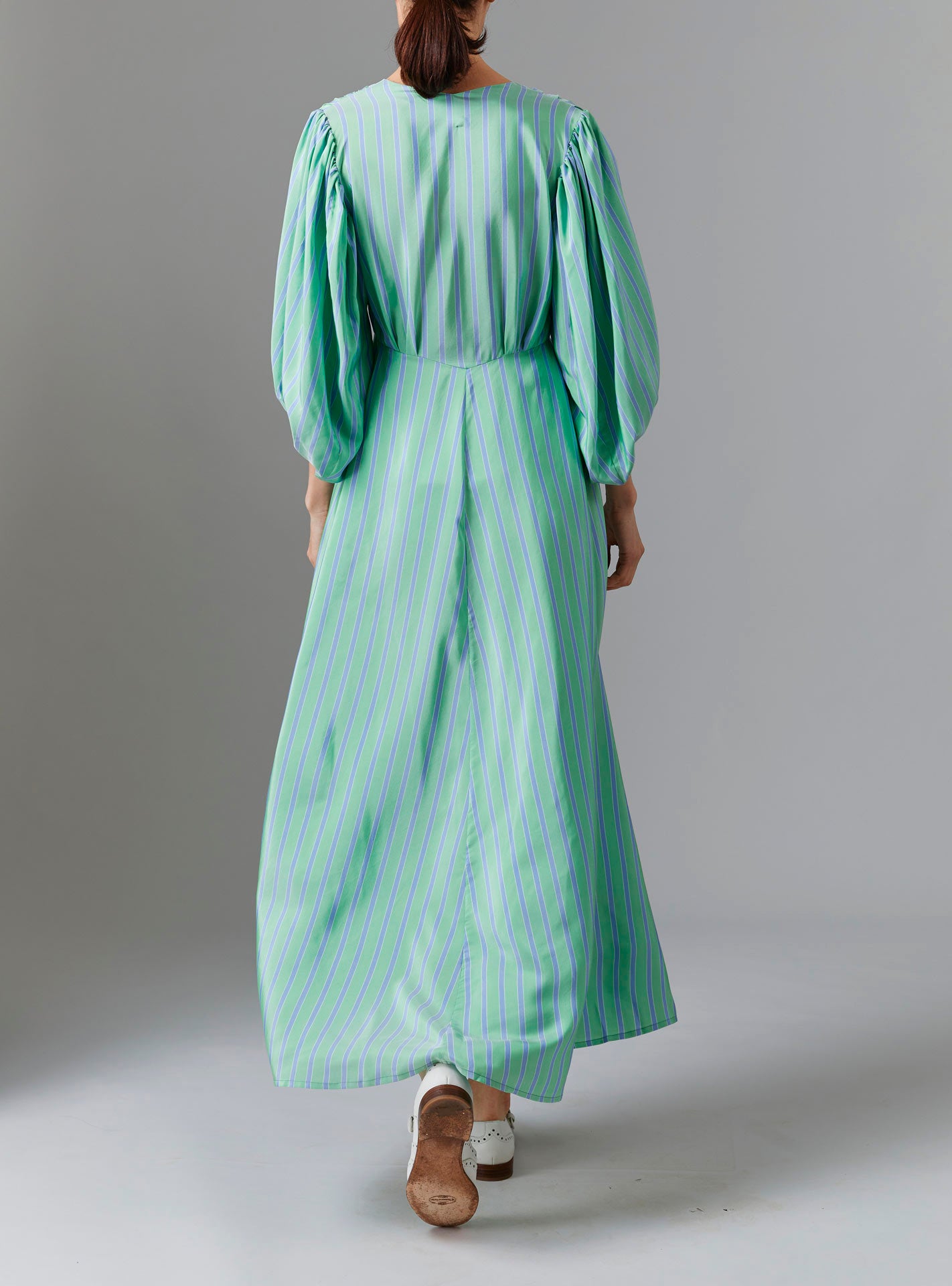 Back view of Phoebe Long Dress - Silk Road Stripes in Green/Blue | Thierry Colson Fall 2024 Collection